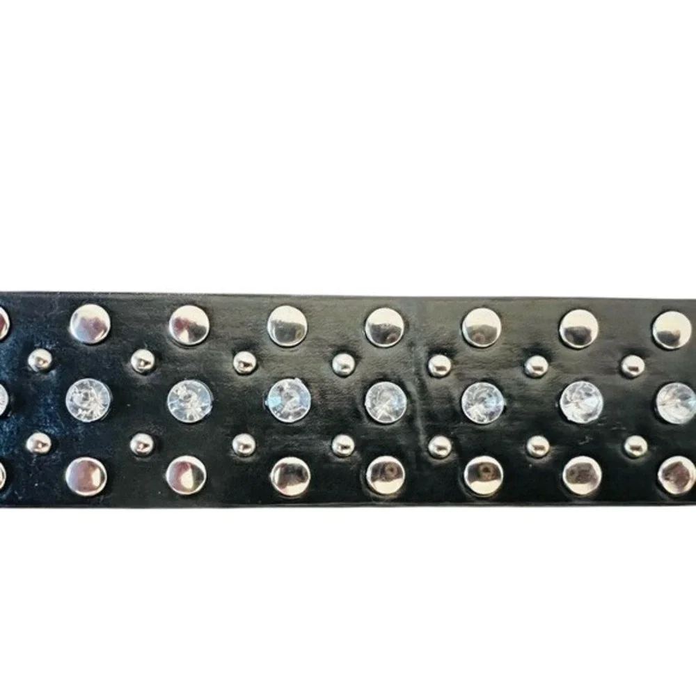 Western Rhinestone Studded Belt Black Faux Leather Silver Crystal Buckle 37.5
